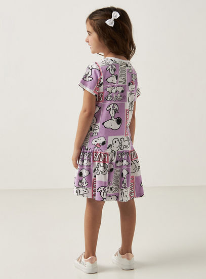 All-Over Snoopy Print Drop Waist Dress with Short Sleeves