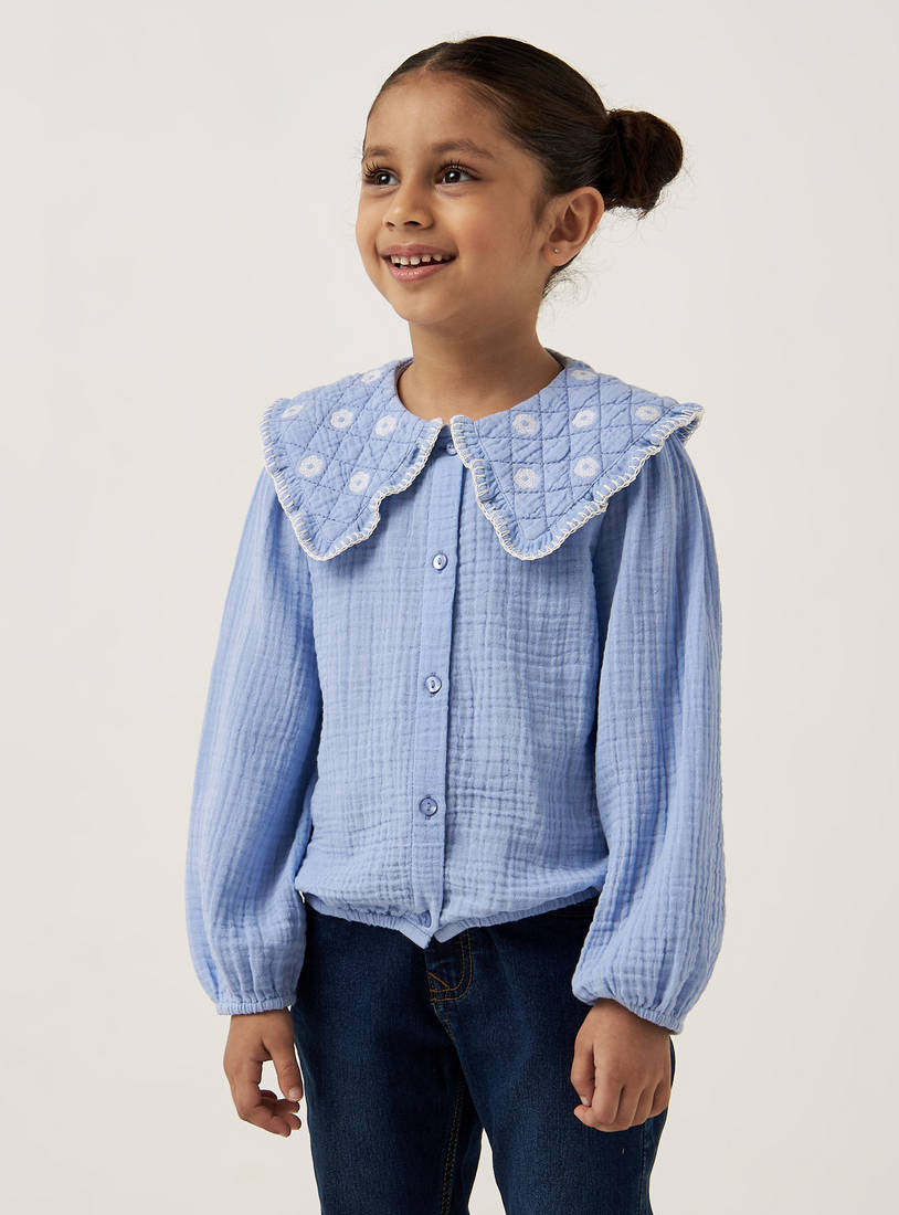 Textured Button Through Top with Peter Pan Collar and Long Sleeves-Shirts & Blouses-image-0