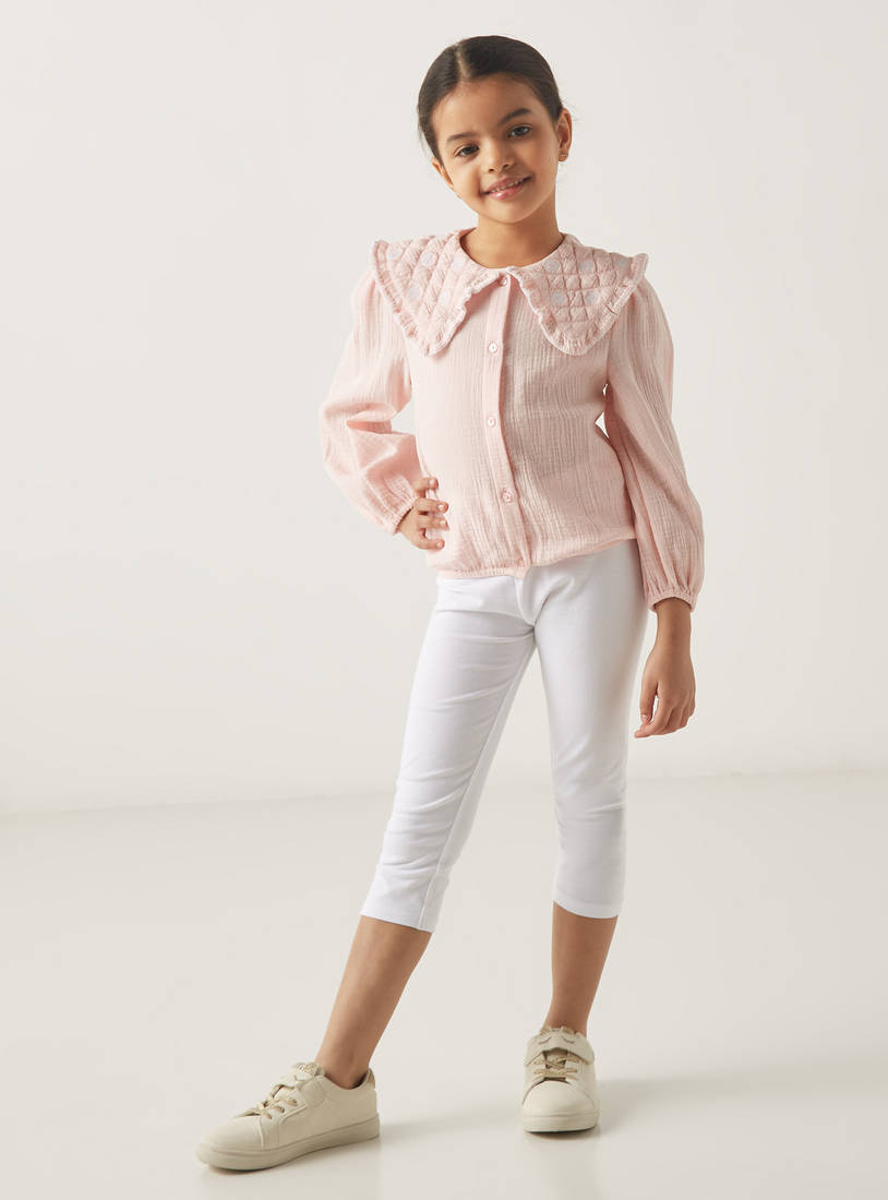 Textured Button Through Top with Peter Pan Collar and Long Sleeves-Shirts & Blouses-image-1