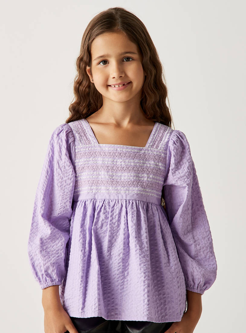 Textured Top with Long Sleeves and Smocked Detail-Shirts & Blouses-image-0
