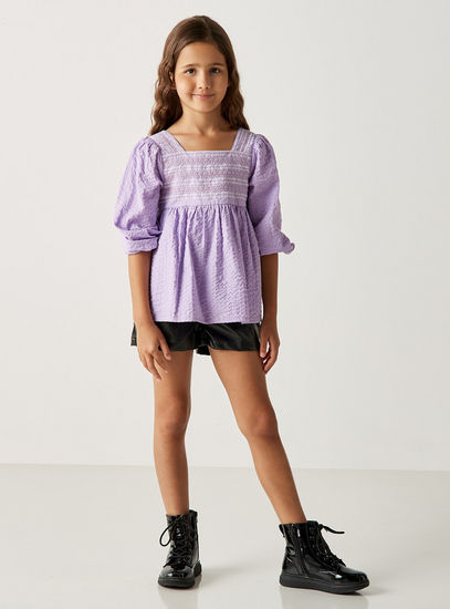 Textured Top with Long Sleeves and Smocked Detail-Shirts & Blouses-image-1