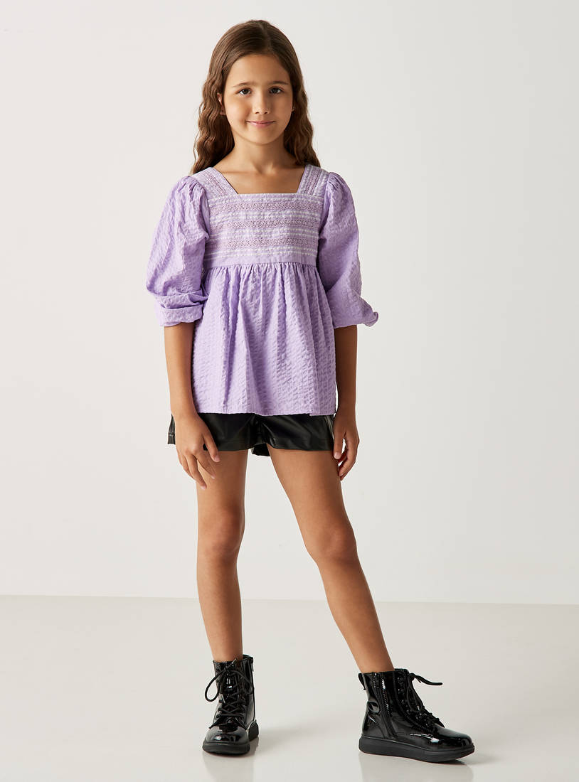 Textured Top with Long Sleeves and Smocked Detail-Shirts & Blouses-image-1