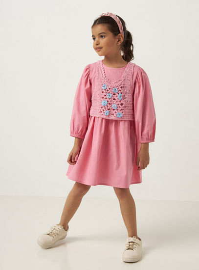 Solid Poplin Dress with Crochet Tabard and Long Sleeves-Casual Dresses-image-0