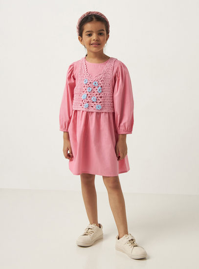 Solid Poplin Dress with Crochet Tabard and Long Sleeves