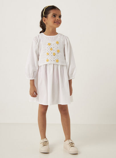 Solid Poplin Dress with Crochet Tabard and Long Sleeves