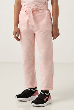 Textured Pants with Tie-Up Belt and Semi-Elasticated Waistband