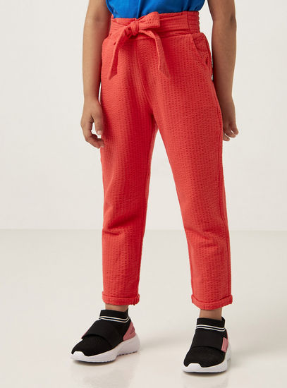 Textured Pants with Tie-Up Belt and Semi-Elasticated Waistband-Trousers-image-0