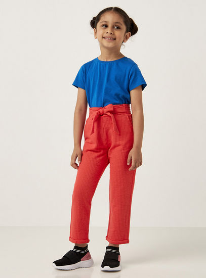 Textured Pants with Tie-Up Belt and Semi-Elasticated Waistband-Trousers-image-1