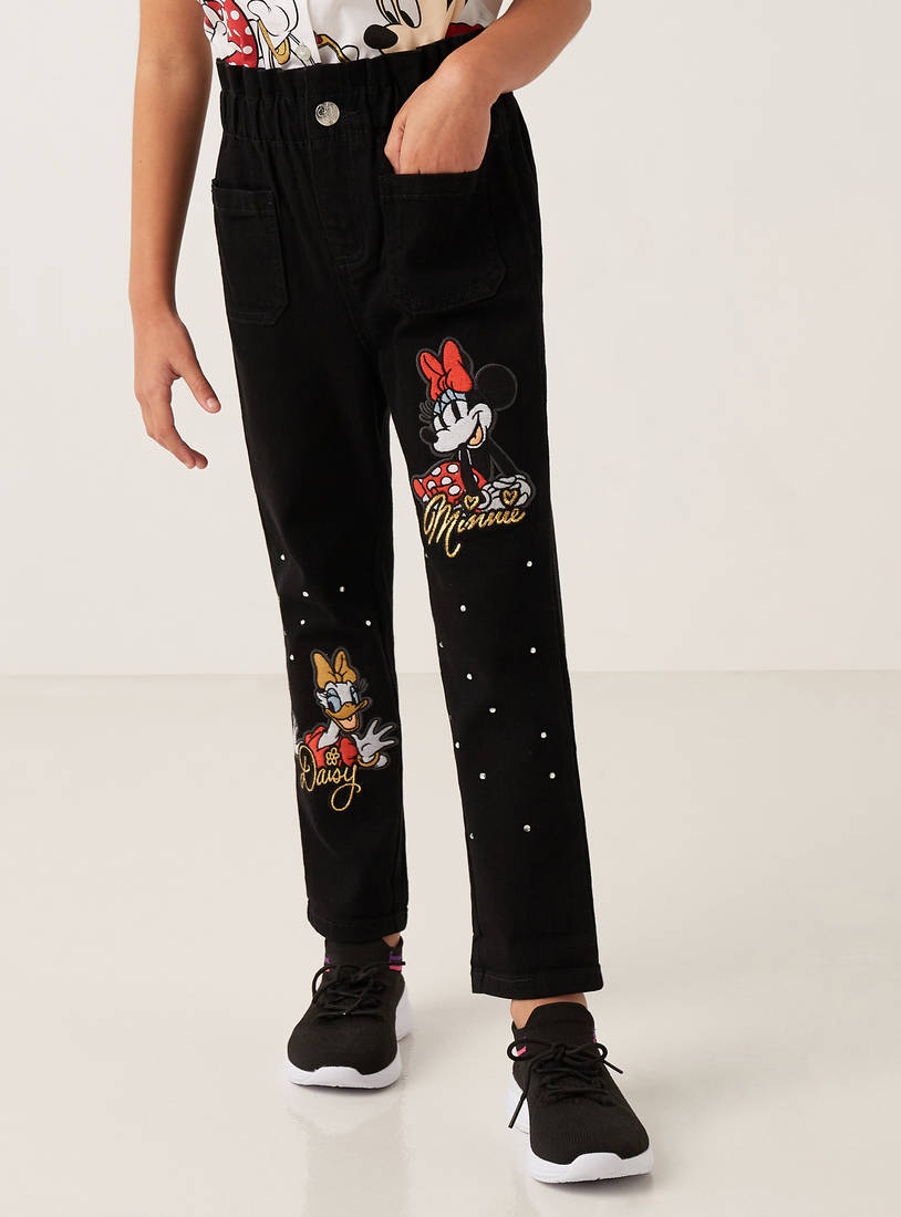 Minnie Mouse and Daisy Duck Print Jeans with Paper Bag Waist-Jeans-image-0