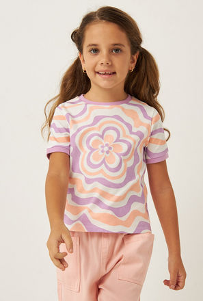 Swirl Floral Print Ringer T-shirt with Short Sleeves and Round Neck