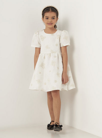 Floral Textured Jacquard Dress with Short Volume Sleeves-Occasion Dresses-image-1