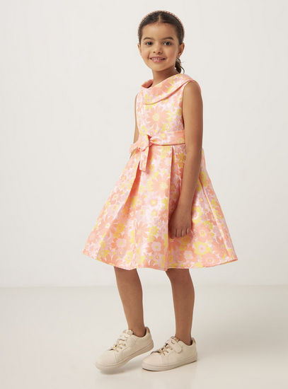 Floral Print Jacquard Dress with Boat Neck and Tie-Up Belt