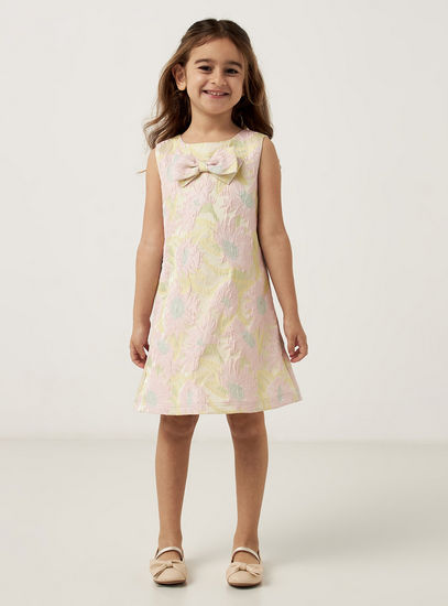 Floral Jacquard Textured Sleeveless Dress with Bow Detail