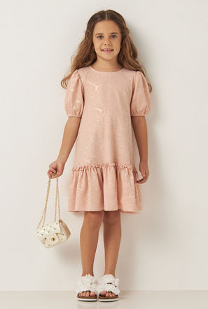Rose Textured Drop Waist Dress with Puff Sleeves