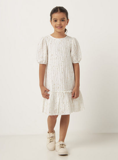 Textured Short Sleeves Dress with Drop Waist and Star Foil Detail