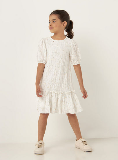 Textured Short Sleeves Dress with Drop Waist and Star Foil Detail