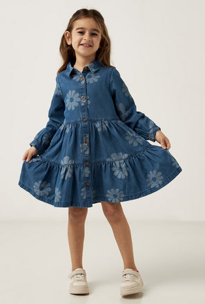 All-Over Floral Print Tiered Denim Dress with Long Sleeves