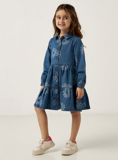 All-Over Floral Print Tiered Denim Dress with Long Sleeves-Casual Dresses-image-1