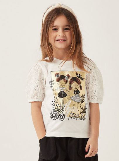 Graphic Print Top with Embroidered Sleeves