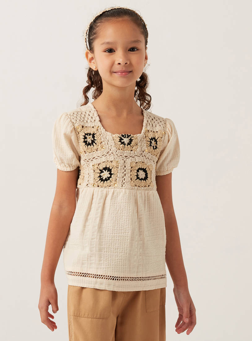 Crochet Panel Top with Puff Sleeves-Shirts & Blouses-image-0