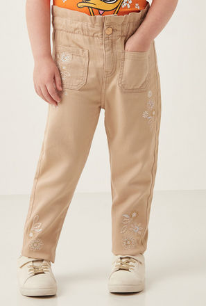 High-Rise Regular Fit Embroidered Jeans with Paperbag Waist