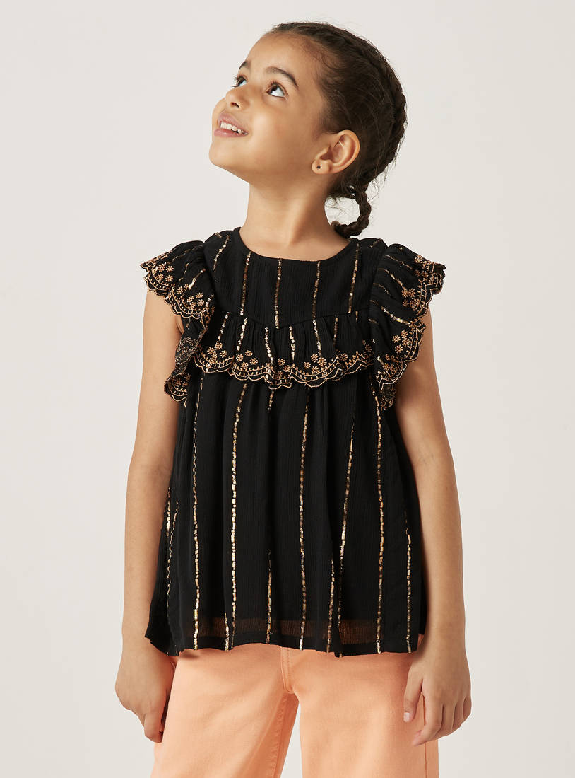Striped Embellished A-line Top with Frills-Shirts & Blouses-image-0