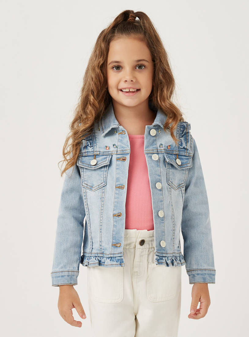 Floral Embroidered Denim Trucker Jacket with Ruffle Detail-Jackets-image-0