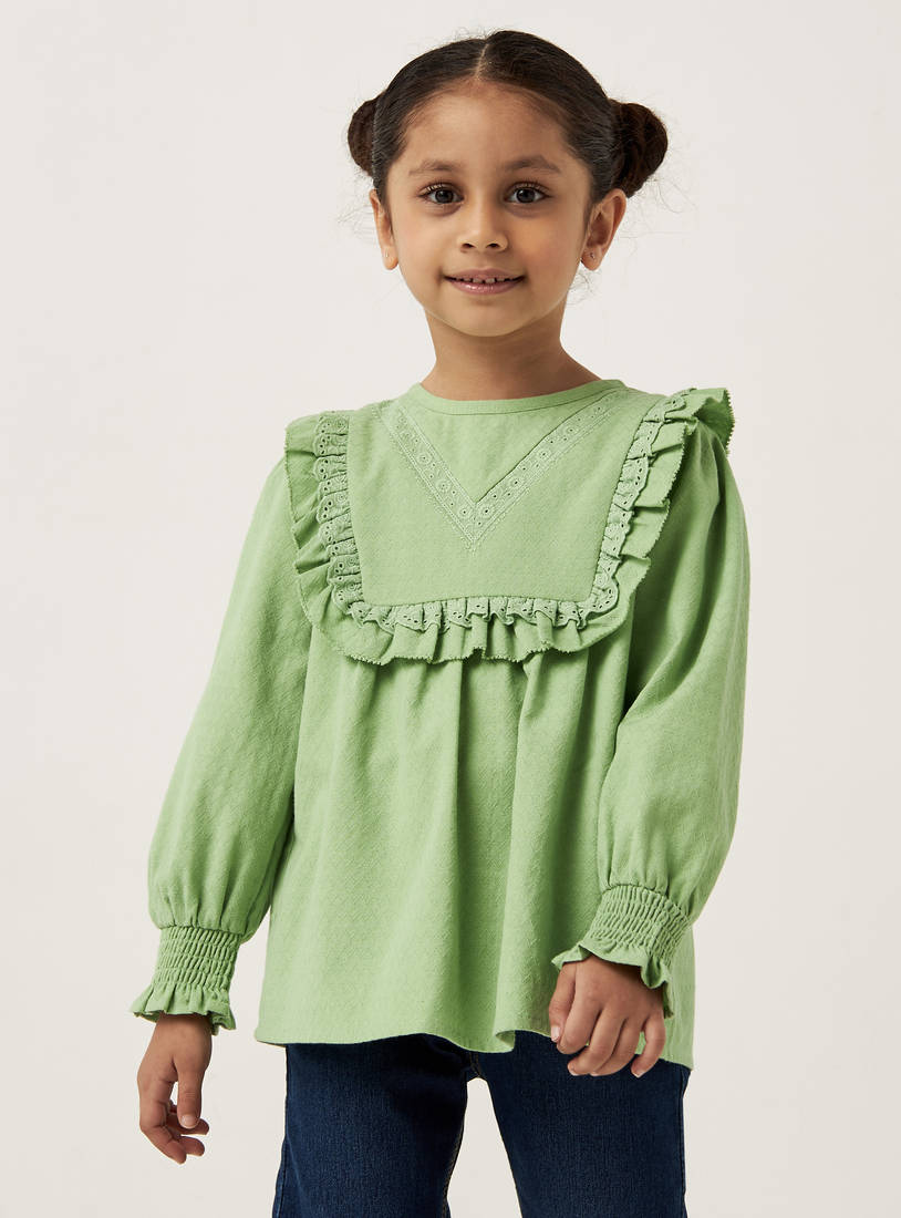 Ruffled Round Neck Top with Long Sleeves and Button Closure-Shirts & Blouses-image-0