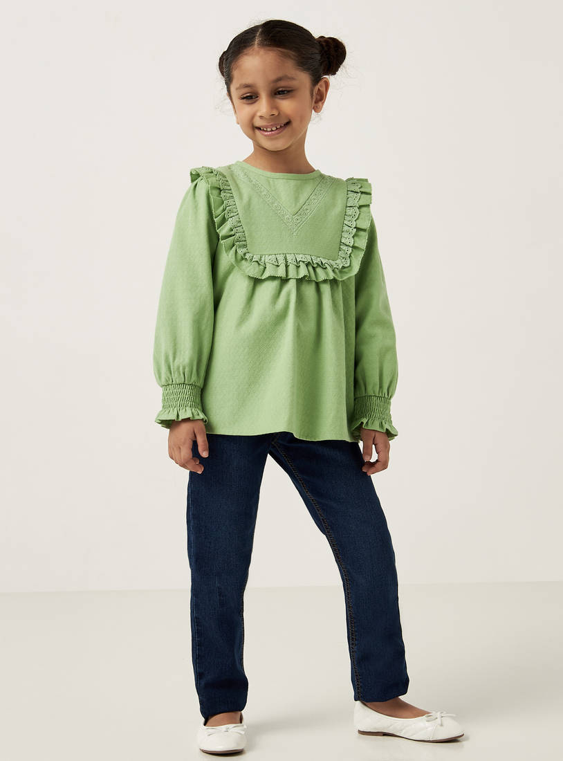Ruffled Round Neck Top with Long Sleeves and Button Closure-Shirts & Blouses-image-1