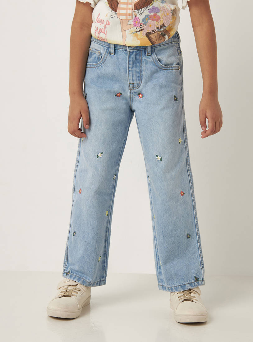 All-Over Embroidered Jeans with Button Closure and Pockets-Jeans-image-0