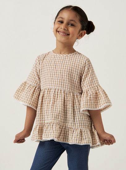 Checked Round Neck Top with Ruffles and Button Closure-Shirts & Blouses-image-0