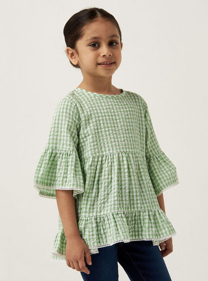 Checked Round Neck Top with Ruffles and Button Closure-Shirts & Blouses-image-0