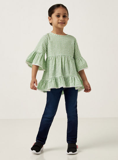 Checked Round Neck Top with Ruffles and Button Closure-Shirts & Blouses-image-1