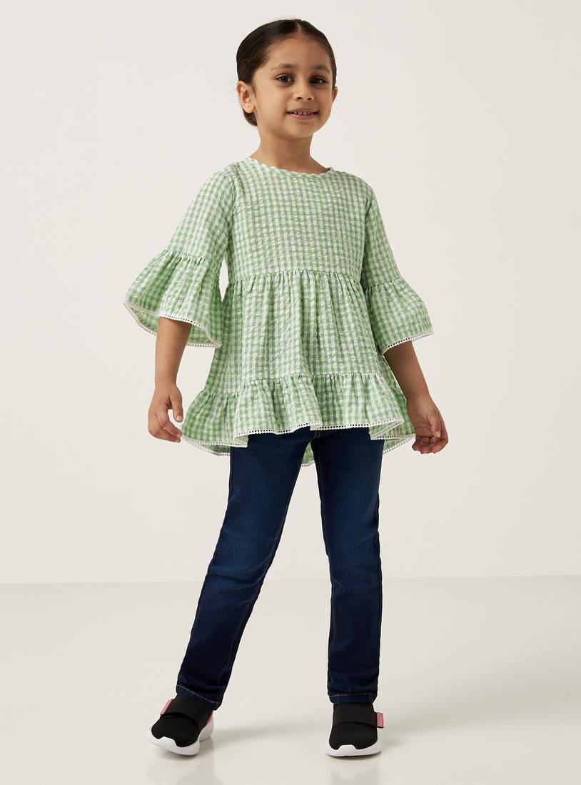 Checked Round Neck Top with Ruffles and Button Closure-Shirts & Blouses-image-1