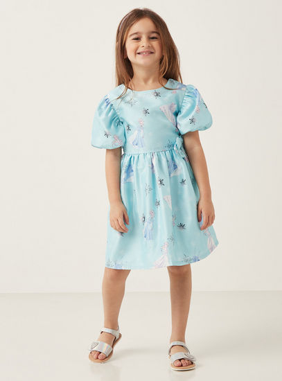 All-Over Elsa Print Embellished Dress with Bow Applique
