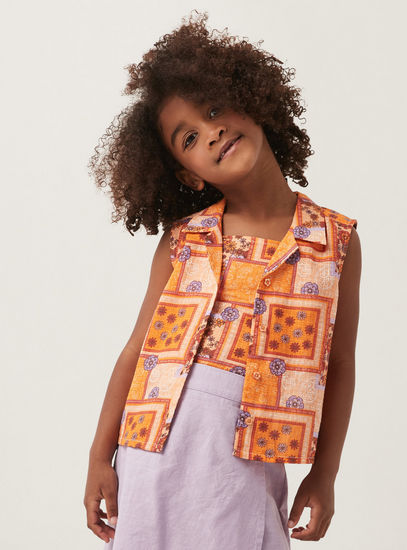 All-Over Patchwork Print Sleeveless Shirt with Camisole-Shirts & Blouses-image-0