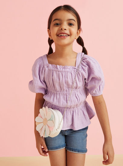 Smocked Top with Puff Sleeves and Ruffle-Girls (2-8 Years)-image-0