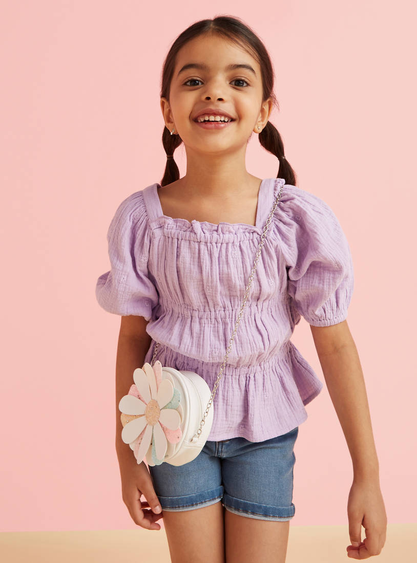 Smocked Top with Puff Sleeves and Ruffle-Shirts & Blouses-image-0