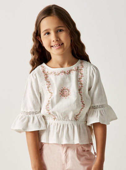 Embroidered Flared Sleeves Top-Shirts & Blouses-image-0
