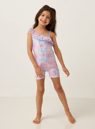 All Over Unicorn Foil Print Swimsuit with Frill Detail