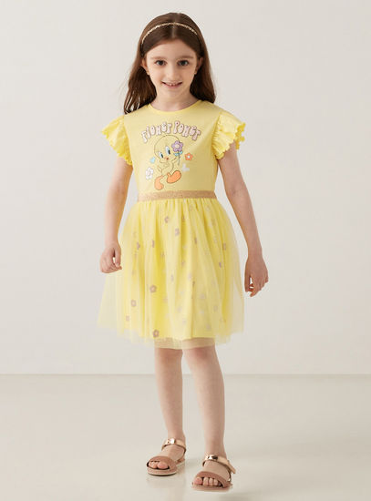Tweety Print Dress with Ruffles-Occasion Dresses-image-0