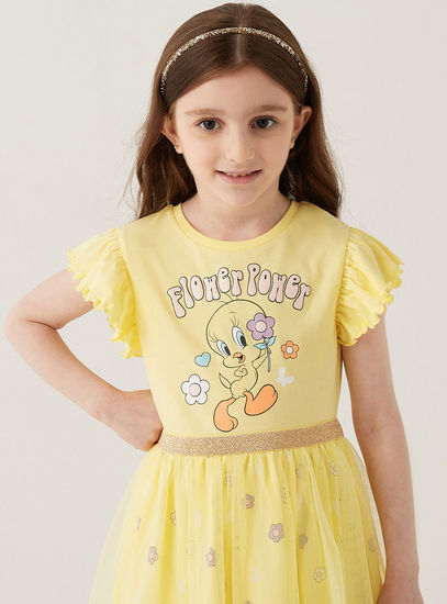 Tweety Print Dress with Ruffles-Occasion Dresses-image-1