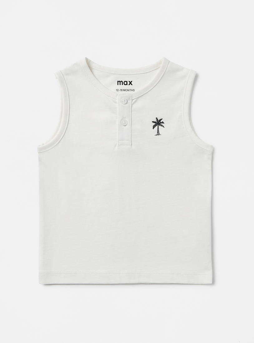 Embroidered Sleeveless T-shirt with Henley Neck-T-shirts-image-0