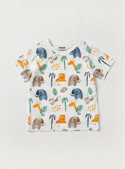 All-Over Tropical Print T-shirt with Crew Neck and Short Sleeves-T-shirts-image-0