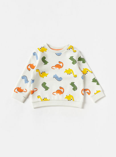 All-Over Dinosaur Print Sweatshirt with Button Closure and Long Sleeves
