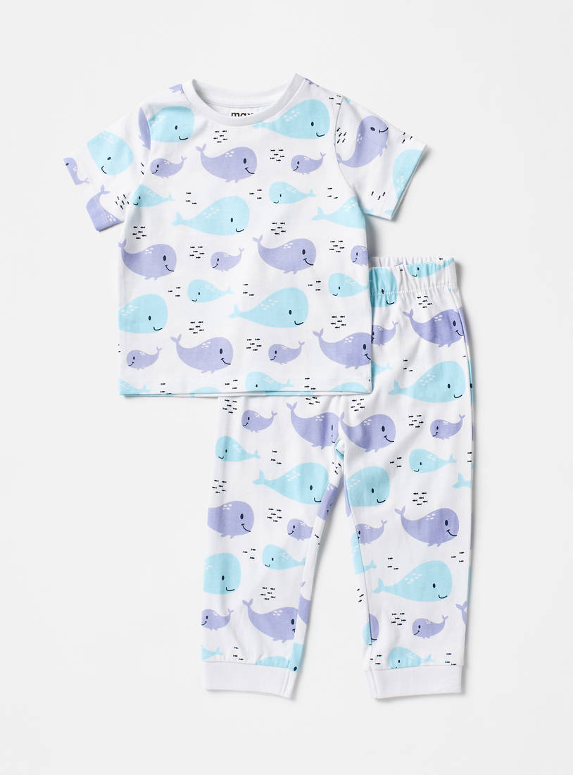 Whales Print 4-Piece T-shirt and Pyjama with Shorts-Pyjama Sets-image-1