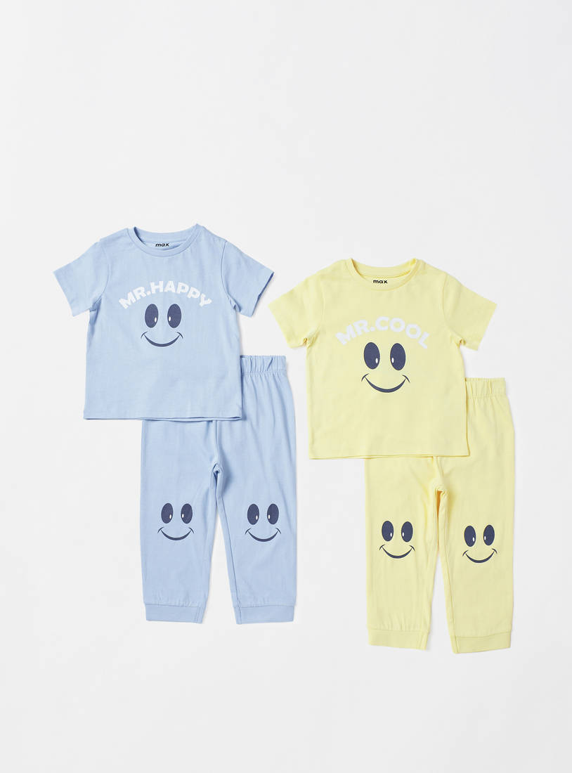 Pack of 2 - Smiley Print Cotton Pyjama Set-Pyjama Sets-image-0