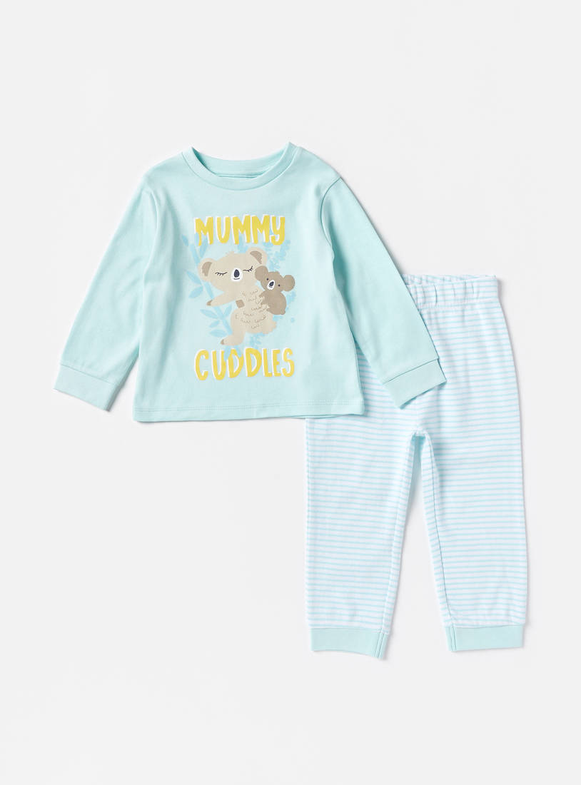 Koala Print Long Sleeves T-shirt and Striped Pyjama Set-Pyjama Sets-image-0