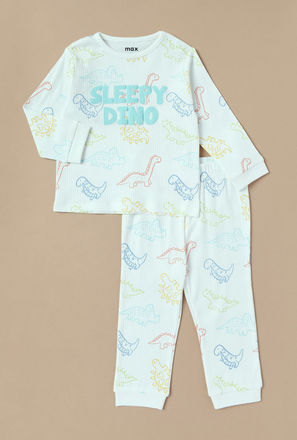 All-Over Dinosaur Print Long Sleeves T-shirt and Pyjama Set