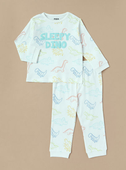 All-Over Dinosaur Print Long Sleeves T-shirt and Pyjama Set